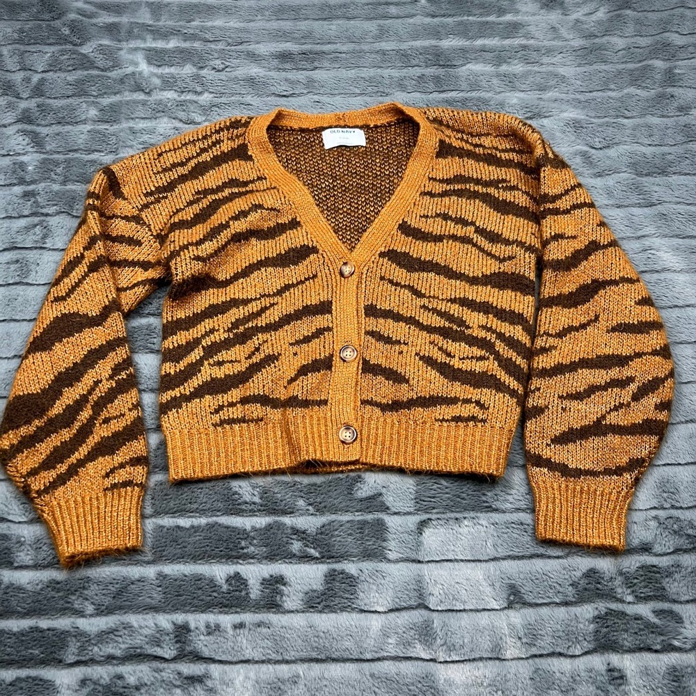 Old Navy Women XL Tiger Stripe Animal Print Button Front Crop Cardigan Sweater